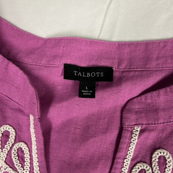 Talbots Embroidered Linen Blend Balloon Sleeve Tunic Size Large Boho Pink Resort - Picture 7 of 8
